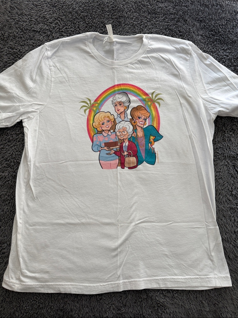Bella Canvas White Tee with Colorful Rainbow & Cartoon Women